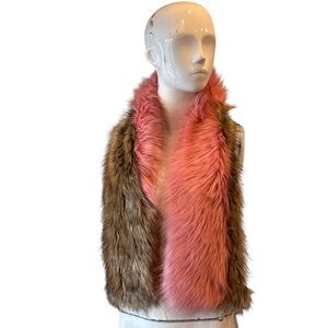 Faux Fur Colorblock Wrap Scarf Pink & Brown Glam Statement Stole Size OS